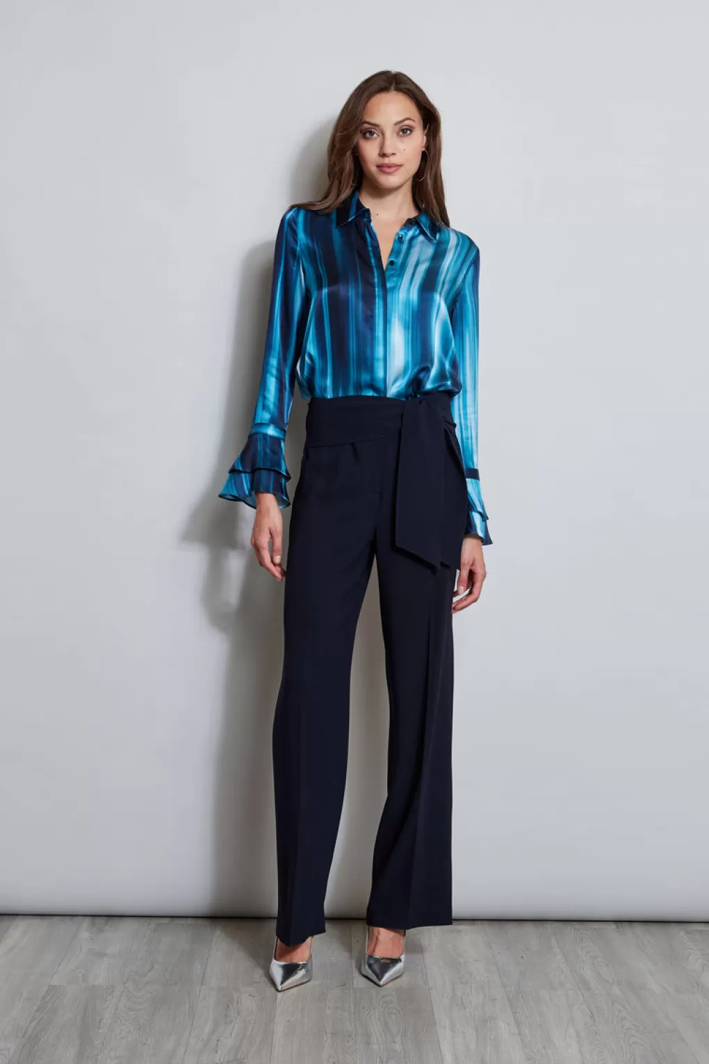 Hot Elie Tahari Silk Satin Watercolor Ribbon Shirt TEAL MULTI