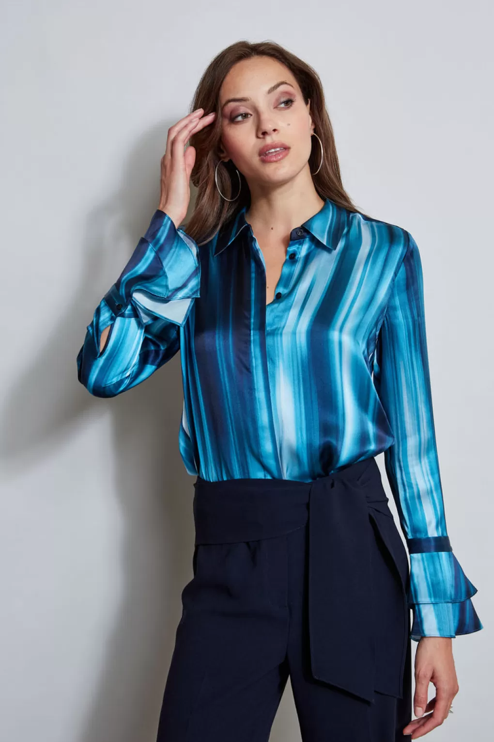 Hot Elie Tahari Silk Satin Watercolor Ribbon Shirt TEAL MULTI