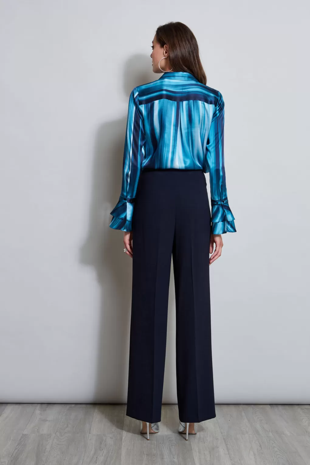 Hot Elie Tahari Silk Satin Watercolor Ribbon Shirt TEAL MULTI